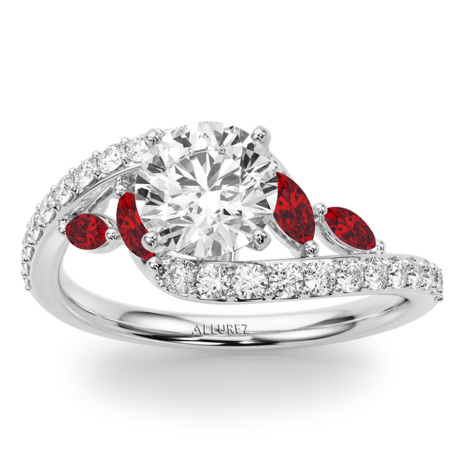 Swirl Design Diamond & Marquise Ruby Bridal Ring Set 18K White Gold (0.96ct)